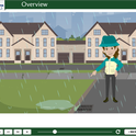 Animated character guides learners through new UC IPM online course and explains how pesticide runoff enters storm drains and leads to surface water.