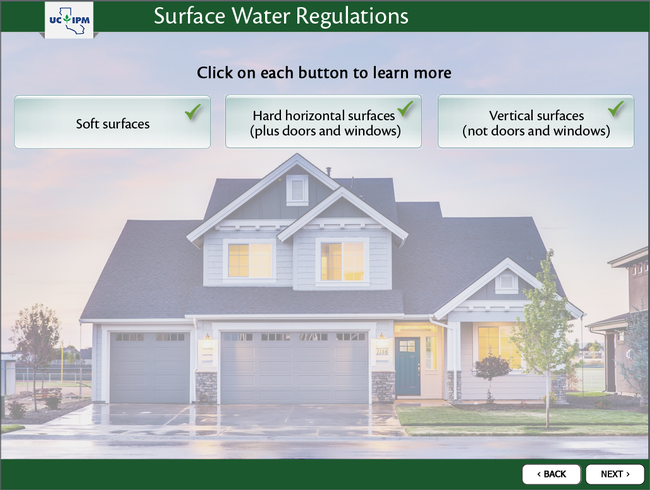 Screen shot from online course showing buttons learner can click on to learn about applications to soft surfaces, horizontal surfaces, and vertical surfaces.