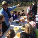 Volunteer Pat Cheney explains about winter squash at the sensory table