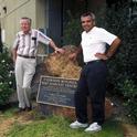 Gordon Mitchell (left) with post harvest scientist Carlos Crisosto in front of the F. Gordon Mitchell Postharvest Center at Kearney.