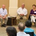 Jeff Mitchell and John Diener discussing farming practices to reduce risks tied to drought.