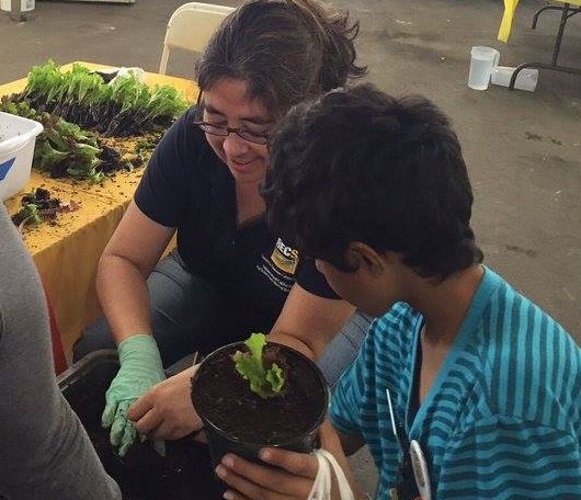 Roberta Barton helps a third grade student plant some leaf lettuce.