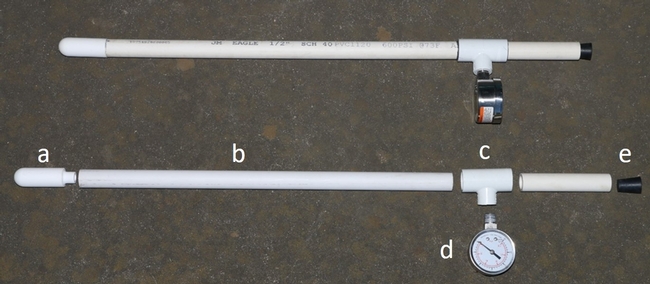 Figure 2. Components needed to build a tensiometer: a. ceramic cup, b. ½ inch PVC pipe for shafts, c. PVC “T”, d. vacuum gauge, and e. rubber stopper.