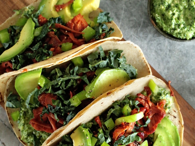 Pesto and pulled jackfruit tacos. In Southern California, working-class Mexican-American chefs are giving traditionally meaty dishes a vegan spin. Evi Oravecz/Green Evi/Picture Press/Getty Images