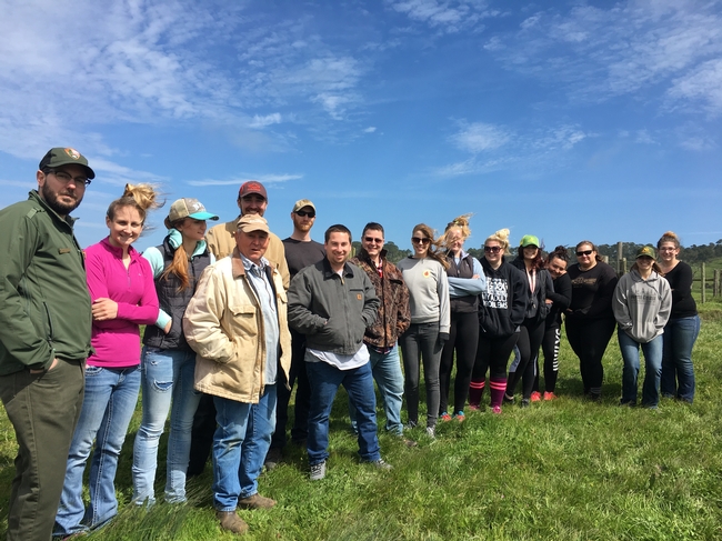 L-R: Dylan Voeller, PRNS Range Specialist, Rich Grossi and his granddaughters, Ashley and Jessica and Spring 2017 SRJC Range Management class at Point Reyes National Seashore