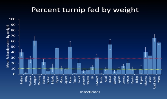 Efficacy of insecticides based on amount of unfed turnip bait. The abbreviation L = lower rate and H = higher rate