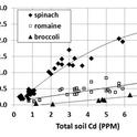 Fig. 1. Effect of total soil Cd concentration on tissue Cd concentration in spinach, romaine and broccoli (fresh weight basis); data from a 2013 survey of Salinas Valley fields.