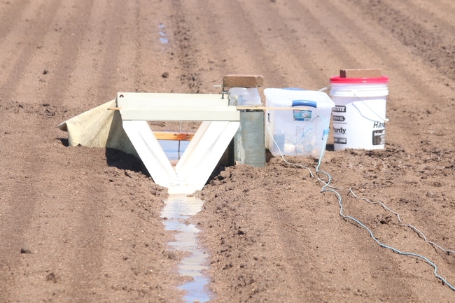 Figure 3. Flume and peristaltic pumping system used to monitor run-off volume and automatically collect run-off samples from test plots in a commercial lettuce field.