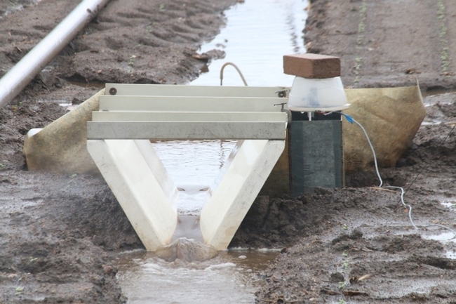 Flume and peristaltic pumping system used to monitor run-off volume and automatically collect run-off samples from test plots in a commercial lettuce field.