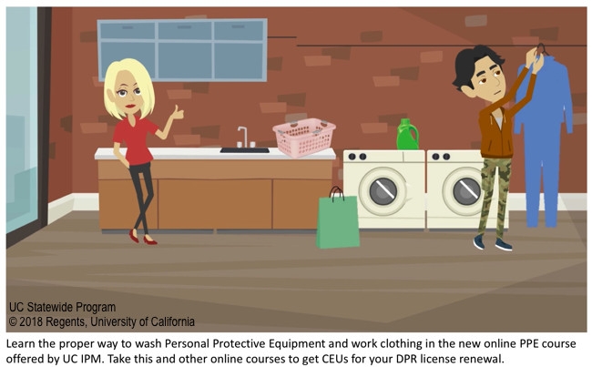 Screen shot from PPE online course, hanging up work clothing after washing it.