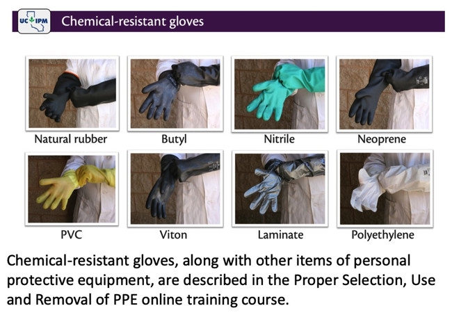 Chemical resistant gloves, including Natural rubber, Butyl, Nitrile, Neoprene, PVC, Viton, Laminate, and Polyethylene, shown on screen of PPE online course