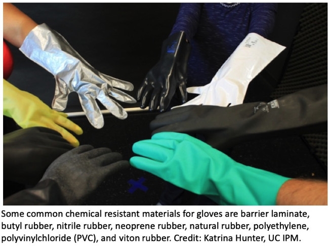 Various chemical resistant gloves showing different materials.