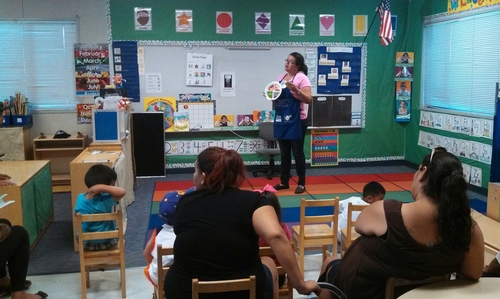 UC CalFresh Nutrition Educator, Nancy Zumkeller, gives a presentation to a room full of preschool parents at Mayfair Elementary during 