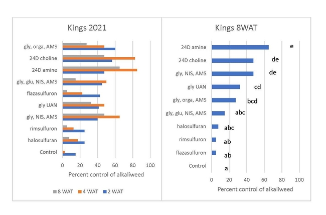 Figure 4: Selected 2021 results from the Kings site. Letters denote significant differences.