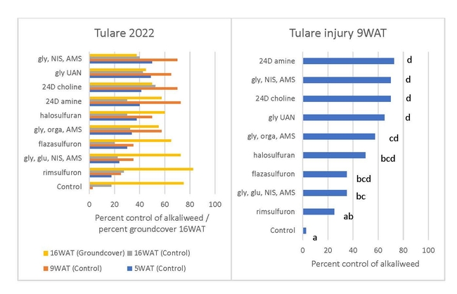 Figure 6: Selected 2022 results from the Tulare site, after three applications in spring and fall 2021 and spring 2022.