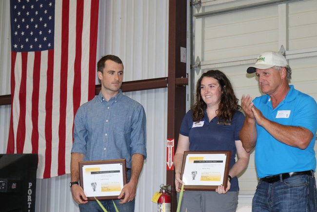 Katie Driver, UC Davis Ph.D. student, accepts D. Marlin Brandon Rice Research Fellowship award during the Rice Field Day 2018. (Photo courtesy of California Cooperative Rice Research Foundation)