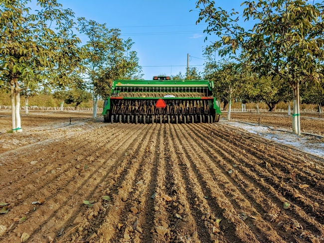Photo 1. The 13' seed drill used to plant cover crops in orchard alleys in mid-November 2019.