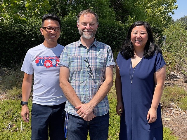 Programmer Chinh Lam (left) of UC's Integrated Pest Management program, built the original website about herbicide injuries. Petr Kosina (center) and Tunyalee Martin are part of the UC IPM technology team that created the gold-winning video, based on the website's information.