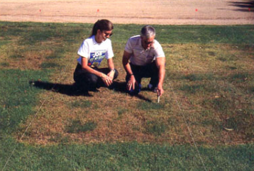 Jodie Holt (left0 and Dave Cudney inspect perennial ryegrass for bermudagrass invasion in the 1990s.