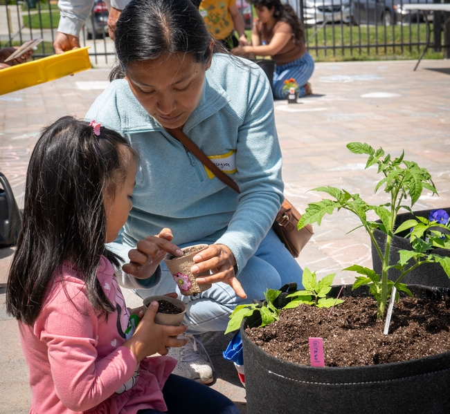 Mom and daughter planting seedlings in a grow bag.