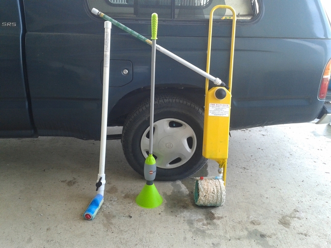 Fig 3. Tools for reducing herbicide drift or movement (L-R): wick applicator; shielded spot-sprayer; roller applicator. [C. Wilen]