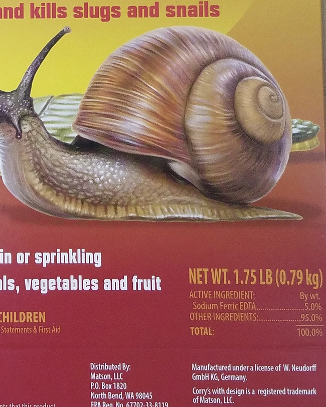 Figure 3. Corry's Slug and Snail Killer with the newer active ingredient sodium ferric EDTA.