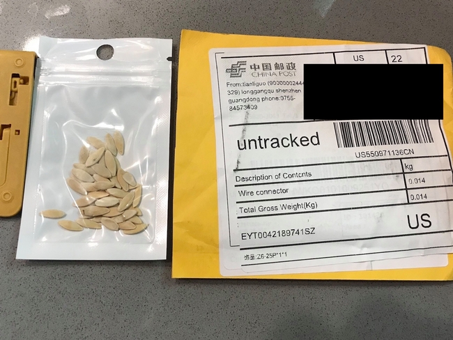 Unlabeled seeds from unsolicited packages.