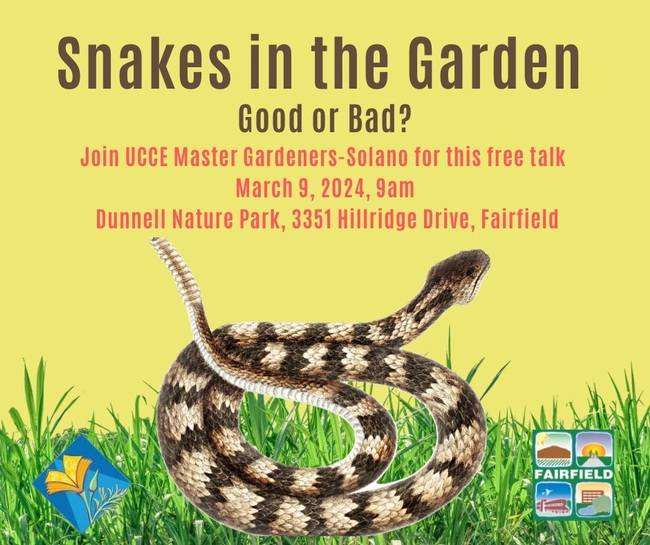 a snake coiled up with the title snakes, good or bad? a talk by ucce master gardeners about snakes and how to identify and manage in your home garden.