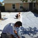 Laying out plastic to solarize the soil. (photo by Marian Chmieleski)