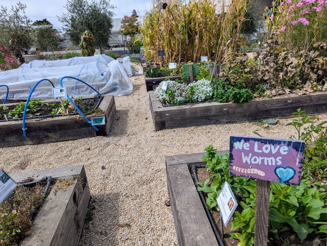 A colorful garden sign reads 