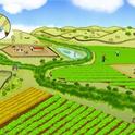 El entorno de una granja puede planearse tanto para la producción de frutas y verduras como para la conservación de la naturaleza. (Ilustración por Mattias Lanas y Joseph Burg).