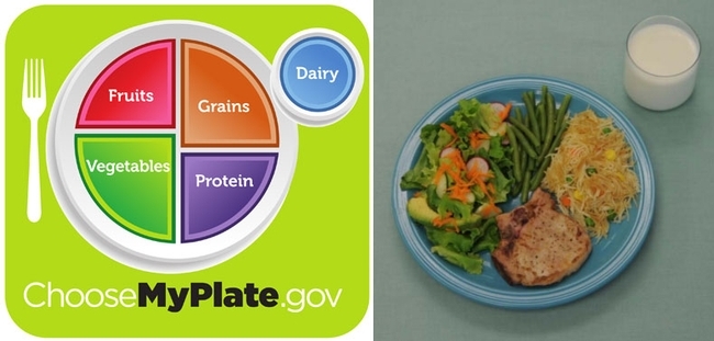 La gráfica de MiPlato del USDA (izq) era tan abstracta que educadores de nutrición de la UC ANR decidieron tomar fotos de comidas saludables, como la de la derecha, para un currículo sobre nutrición llamado My Healthy Plate.
