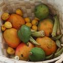 Guinea: Cesta de frutas y verduras frescas, lista para lavar y rebanar, con mangos, aguacates y okra. (Foto del Laboratorio de Innovación de Horticultura por Archie Jarman/UC Davis)