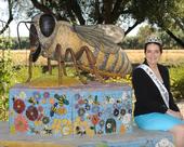 La reina nacional de las abejas de miel Teresa Bryson en el Refugio de Abejas de Miel Haagen-Dazs en UC Davis. La escultura es de la artista de Davis, Donna Billick. (Foto por Kathy Keatley