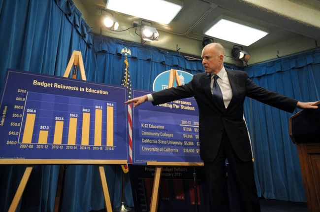 Gov. Jerry Brown shows a graphic at his press conference comparing state funding for education from 2007 to 2017. (Photo: State of California)