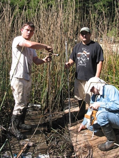 Kent Lightfoot and graduate students Liam Reidy and Chuck Striplen at the research site.
