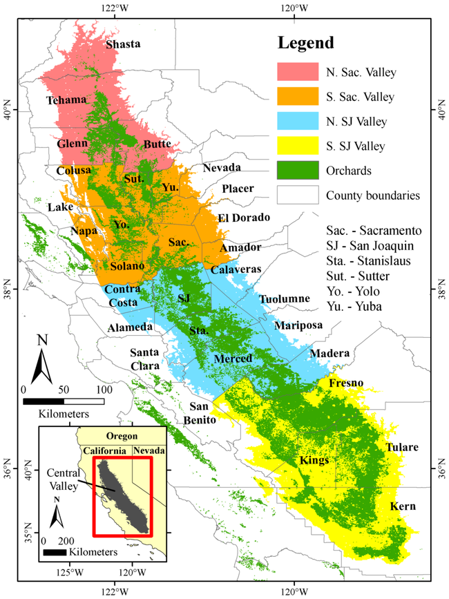 Overview of California's Central Valley, showing the distribution of orchards that require winter chill