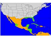 North American distribution of ACP is in orange; areas with ACP and HLB are in green.