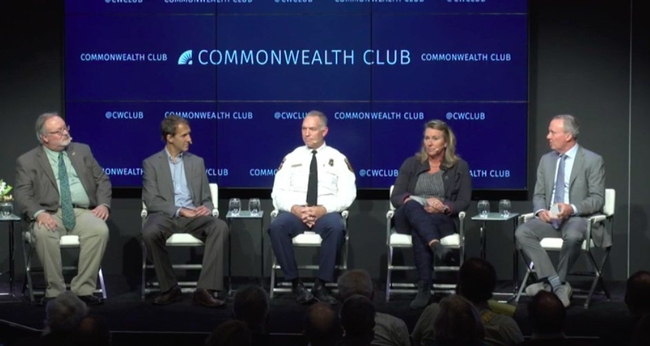 Keith Gilless, left, and Maggi Kelly, second from right, discussed wildfire at the Commonwealth Club on Dec. 4.