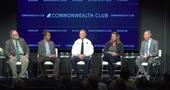 Keith Gilless, left, and Maggi Kelly, second from right, discussed wildfire at the Commonwealth Club on Dec. 4.