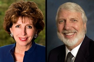 Linda Katehi, left, and Neal Van Alfen visited ag and business leaders in the valley.
