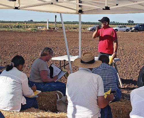 At a field day in Chico, Allan Fulton shares information on the different methods available for managing tailwater runoff from irrigated fields.