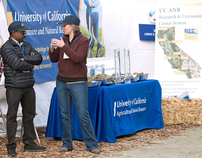 UCCE advisors Surendra Dara, left, and Brenna Aergerter were among the scientists available to answer grower questions.