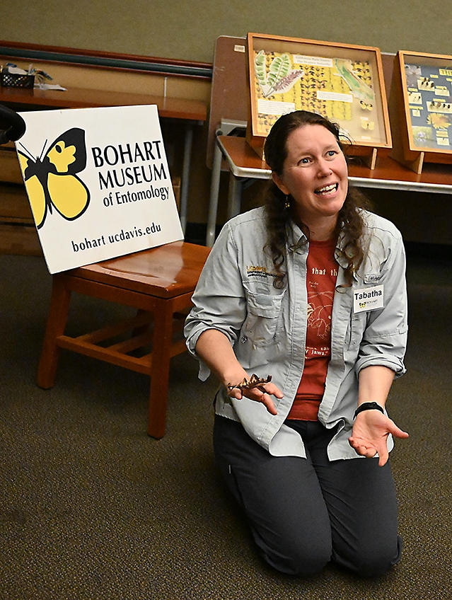 Tabatha Yang, education and outreach coordinator of the Bohart Museum of Entomology, talks about insects. (Photo by Kathy Keatley Garvey)