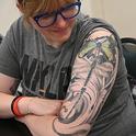 Anna Garrison's arm art: a tattoo of Cordulegaster diadema, aka Apache spiketail. The Sacramento resident is the daughter of noted dragonfly expert Rosser Garrison. (Photo by Kathy Keatley Garvey)