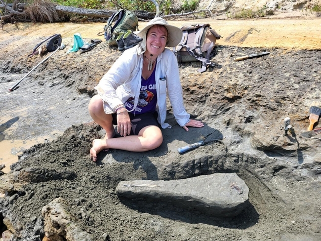 UC Davis alumna Emily Bzdyk with the 15-million-year-old fossil skull of a dolphin she found at Chesapeake Bay, Calvert County, Maryland