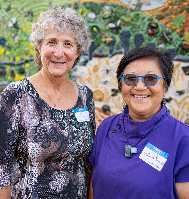 Two of the three project leaders: UC Davis distinguished professor Diane Ullman (left) of the Department of Entomology and Nematology, and retired lecturer Gale Okumura of the Department of Design. (Photo by Jael Mackendorf, UC Davis College of Agricultural and Environmental Sciences)