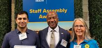 UC Davis Chancellor Gary May congratulates the California Master Beekeeper Program. With him are co-program managers Wendy Mather and Kian Nikzad. (Photo by Kathy Keatley Garvey) for Bug Squad Blog