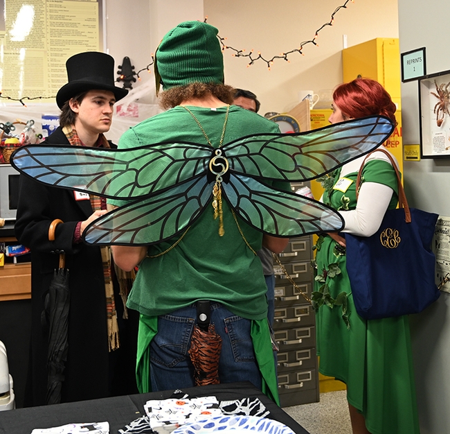 UC Davis doctoral candidate Christofer Brothers wore a green darner dragonfly costume to the Bohart Museum of Entomology's pre-Halloween party. (Photo by Kathy Keatley Garvey)