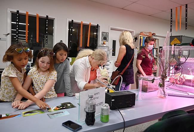Professor Elizabeth Crone encouraged visitors to look at the butterfly scales through a microscope. Next to her: girls examining the display. (Photo by Kathy Keatley Garvey)